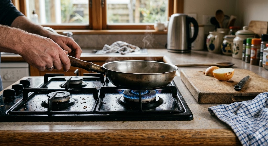 Hands placing pan on a lit gas cooktop in an Auckland kitchen
