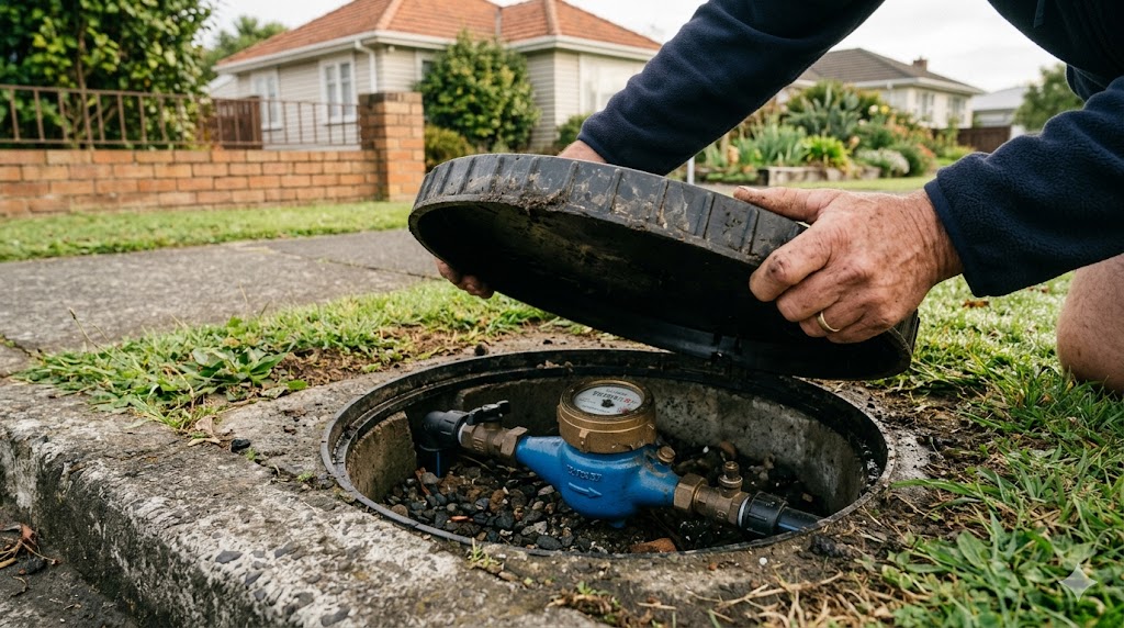 Auckland homeowner lifting the lid on a boundary water meter to check for a hidden leak