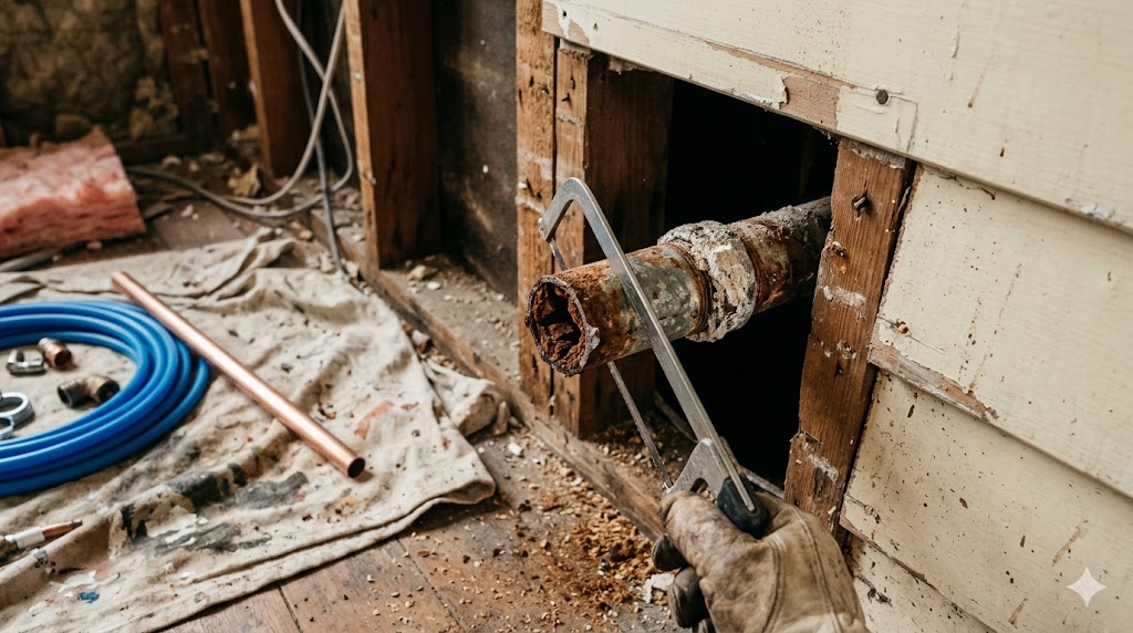 Old galvanised steel water pipe with internal corrosion in an Auckland villa