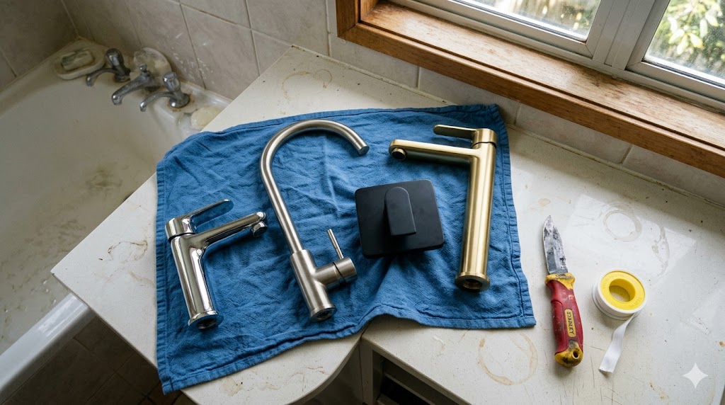 Selection of tapware mixers on an Auckland kitchen benchtop