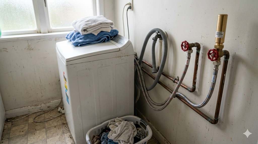 Water hammer arrestor installed on a washing machine supply line in an Auckland laundry
